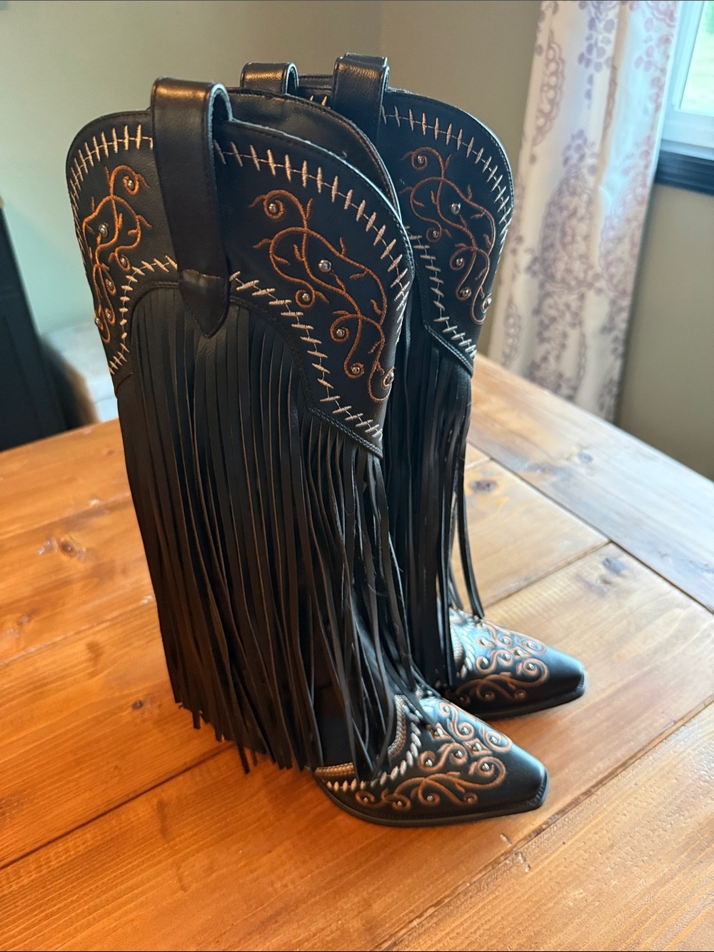 Black Fringe Western Heeled Boots with Copper Embroidery - Picture 1 of 5